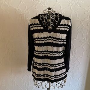 Charter Club Black & White Stripe Silk Blend 3/4 Sleeve V Neck Pullover Sweater